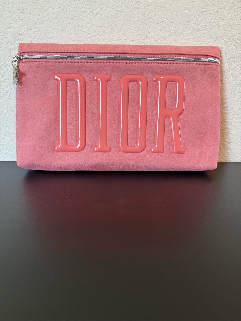 Dior Pink Suede Zip Pouch with Gloss Logo